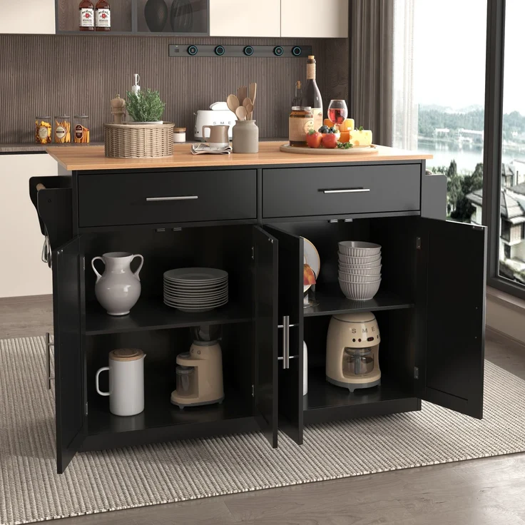 Servierwagen mit klappbarer Tischplatte, 120x46(70)x91 cm, Schwarz, mit Rollen und austauschbaren Holzbeinen, ideal für Küche und Esszimmer – Bild 3
