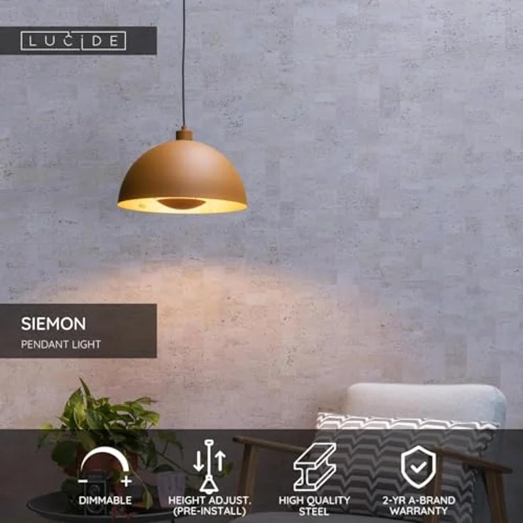 LUCIDE SIEMON Pendelleuchte Ø 40 cm, 1xE27, ockergelb, höhenverstellbar, Stahl, LED-kompatibel – Bild 3