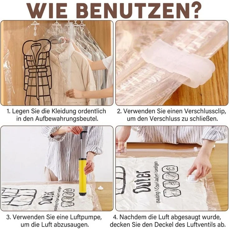 MOPUEA Aufbewahrungstasche Hängende Vakuumbeutel 4 Stück (Set, 4-tlg, Reduziert Volumen und schützt Kleidung zuverlässig), Mit Handpumpe oder Staubsauger schnell luftdicht – Bild 4