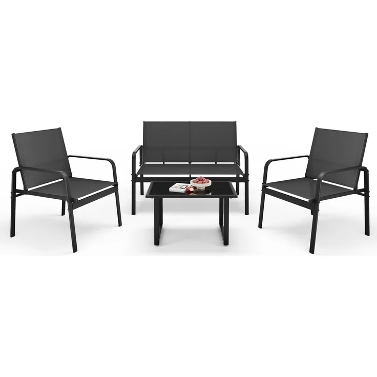 Mondeer Gartenmöbel Set, Balkon Möbel Set 4-TLG mit Armlehnen, Terrassenmöbel mit Tisch Sofa und 2 Stühlen, Textilene, für Garten Balkon Außen, Schwarz