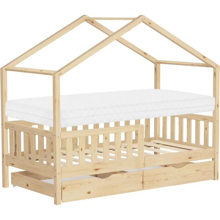 ML-DESIGN Spielbett Hausbett Kinderbett inkl. 2 Schubladen, Lattenrost und Rausfallschutz, Abenteuerbett 80x160 cm mit Matratze Himmelbett Kiefer Jugendbett Natur