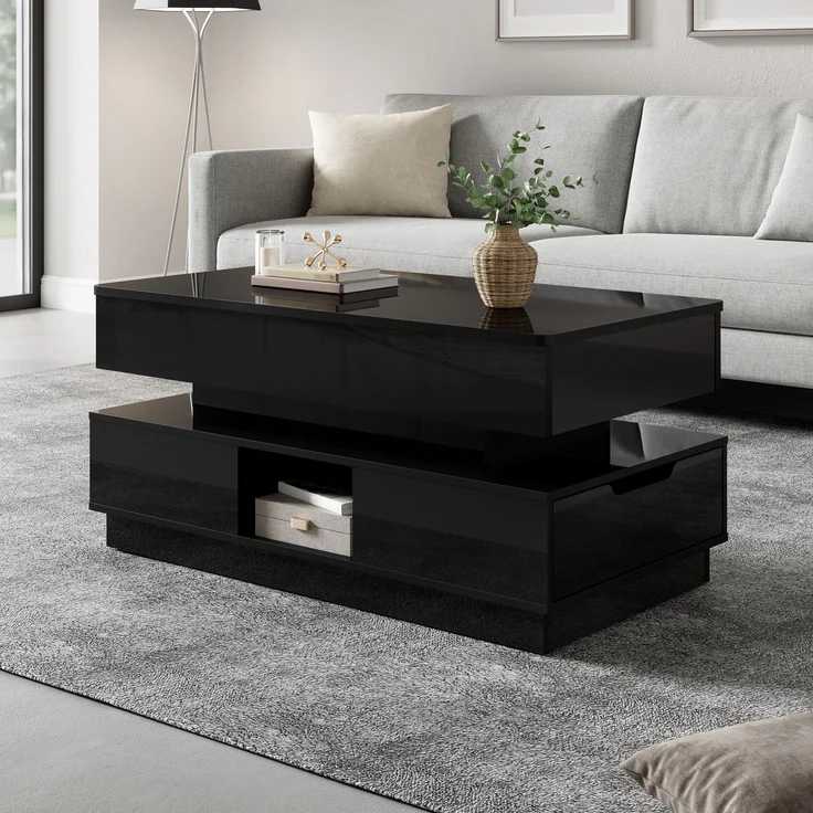 Couchtisch 90 x 48 x 42,5 cm in Schwarz, höhenverstellbar, mit Steckdose, LED und Stauraum – Bild 3