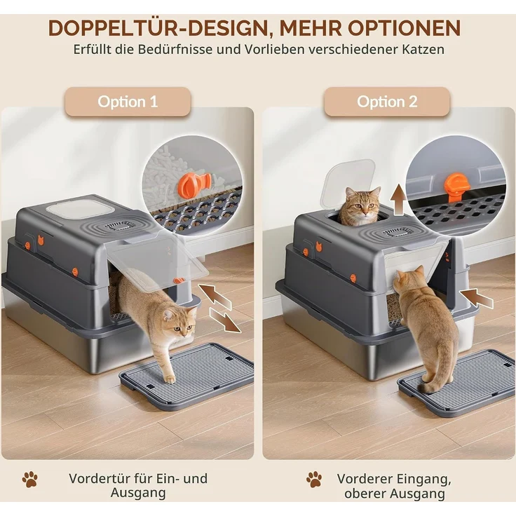 Edelstahl Katzenklo mit Deckel XXXL, 70 x 50 x 42cm, Dunkelgrau, Geschlossene Metall Katzentoilette, 105° Klappdeckel, Inklusive Pedal und Schaufel, Leicht zu Reinigen, Zwei Türen – Bild 4