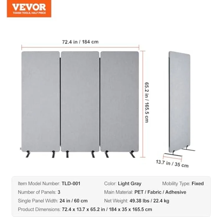 VEVOR Raumteiler 3 Paneele Paravent 1840 x 350 x 1655 mm, Faltbarer Sichtschutz & tragbarer Trennwandteiler aus PET-Polyester zur Raumtrennung, für Büro Schlafzimmer Arbeitszimmer, hellgrau – Bild 7