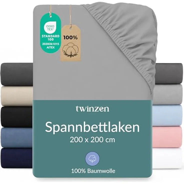 Twinzen Spannbettlaken 200x200 cm - 100% Jersey Baumwolle, Grau - Oeko-Tex zertifiziert, pflegeleicht und bügelfrei