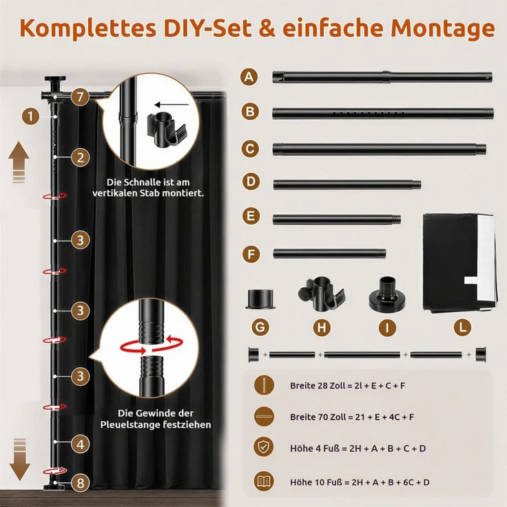 BlingBin Raumteiler Bohrfreier Raumteiler Spannstange, verstellbares Raumtrenn‑Spannsystem, 2‑vertikal 1‑horizontal, mit Vorhang, Höhe 227‑312 cm, Breite 71‑178 cm 4-tlg, freistehende Sichtschutz Trennwand für Mietwohnung, Homeoffice, Balkon – Bild 4