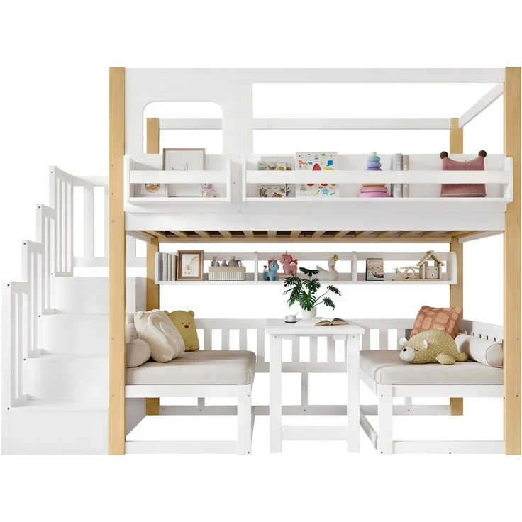 Merax Etagenbett, 90x200cm Kinderbett, Multifunktionaler höhenverstellbarer Tisch, mit einem kleinen Bücherregal am Bettrand, Stabile Aufbewahrungstreppe, Weiß+Natur – Bild 10