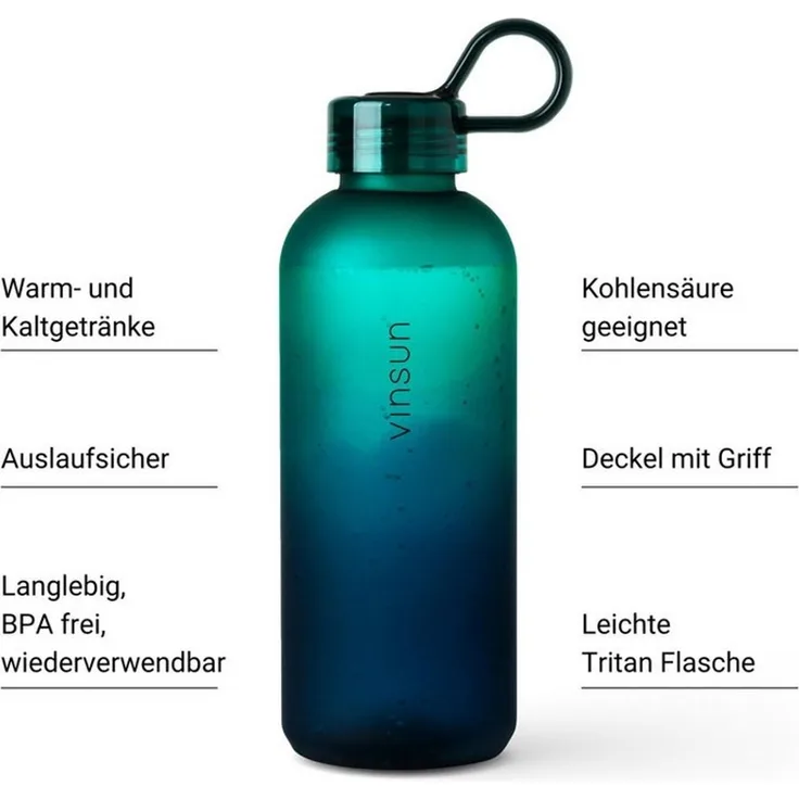 Vinsun Trinkflasche Trinkflasche 650ml, Kohlensäure geeignet, auslaufsicher, Tritan, BPA frei, bruchsicher, geruchs- und geschmacksneutral, auslaufsicher