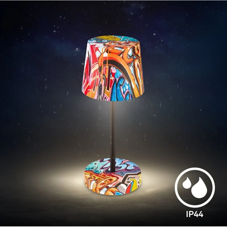 BRILONER - LED Tischlampe kabellos IP44 mit Touch, dimmbar in Stufen, Spritzwasserschutz, Nachttischlampe, Leselampe, LED Lampe, Campinglampe, Tischleuchte, Outdoor Lampe, 26x10,5 cm, Graffiti Motiv – Bild 3