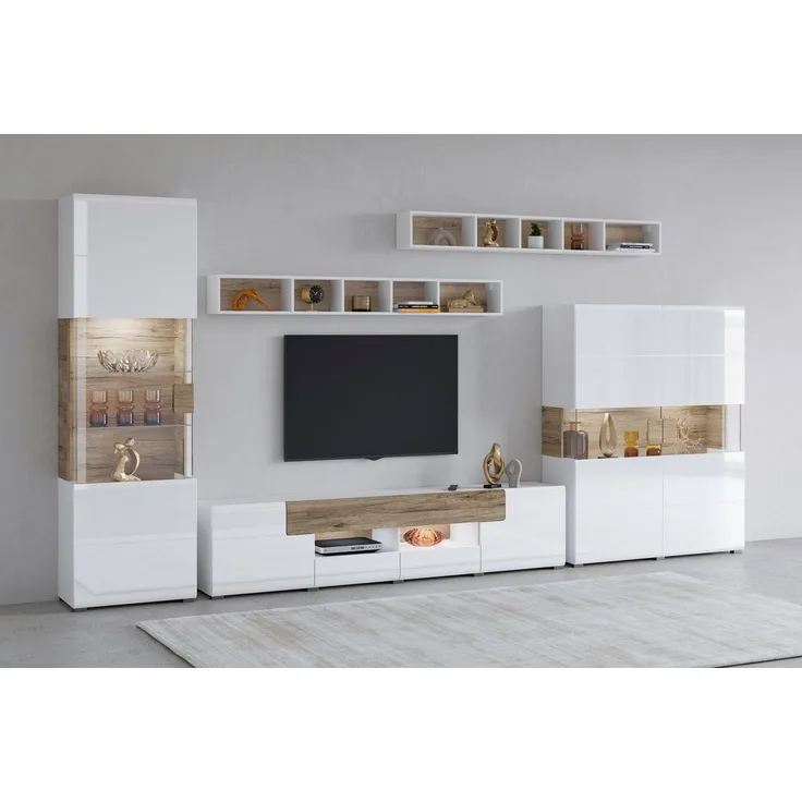 INOSIGN Wohnwand Toledo,Breite 391cm stilvolle Mediawand ohne Beleuchtung, (Set, 5-St), Anbauwand(Vitrine,Lowboard,Highboard,2xHängeregal)MDF Hochglanzfronten