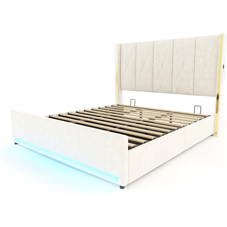 LVHOM Polsterbett mit Stauraum, Doppelbett mit LED, USB-Anschlüsse und Seitentaschen, Funktionbett, 180x200 cm, Beige – Bild 2