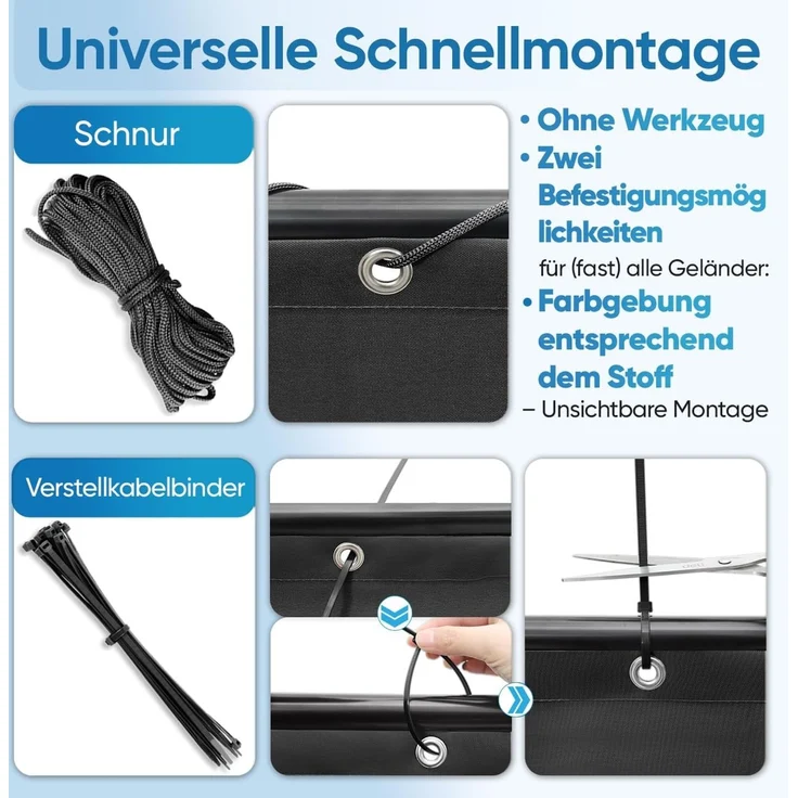 Sekey Balkon Sichtschutz Balkonabdeckung Balkonverkleidung blickdichte Wind- und UV-Schutz, 100% Privatsphäre, mit Ösen, Nylon Kabelbinder und Kordel, 120x500 cm Schwarz – Bild 4