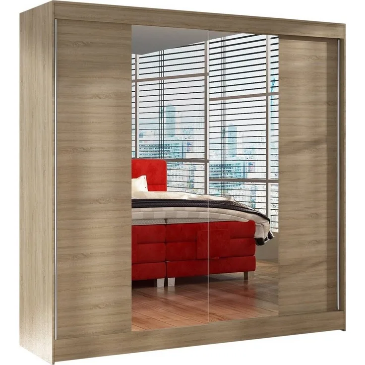 Schwebetürenschrank Basti II 200 cm mit Spiegel - Kleiderschrank, Schiebetürenschrank mit Kleiderstange und Einlegeboden, Schlafzimmerschrank, Schiebetüren, 200x215x58 cm (Sonoma)