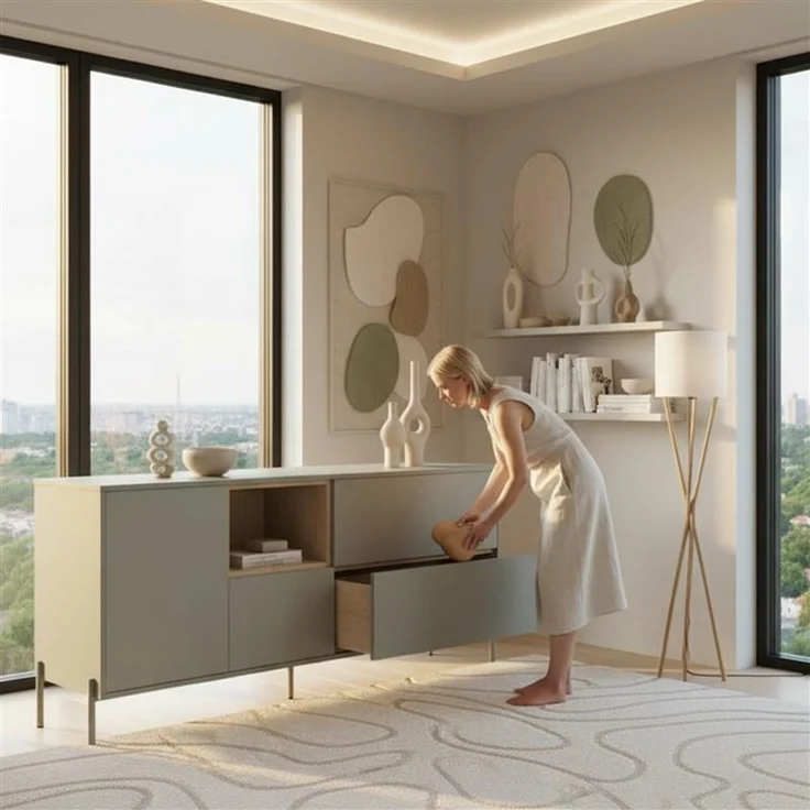 Sideboard HYGGE mit 1 Tür, 3 Schubladen, 1 offenes Fach, Salbei Grün – Bild 4