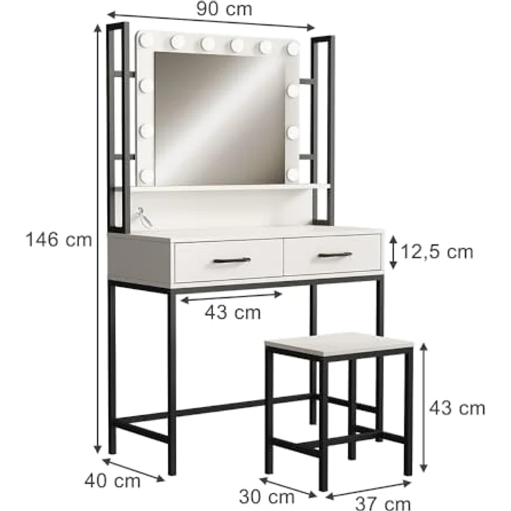 Vichy Schminktisch Luvia, 90 cm, Weiss/Schwarz mit LED-Beleuchtung und Hocker (40 x 40 x 146 cm) – Bild 2