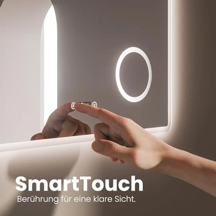 EMKE LED Badspiegel 80x60cm Uhr Beschlagfrei Kaltweißes Licht 3-fache Vergrößerung Touch – Bild 4