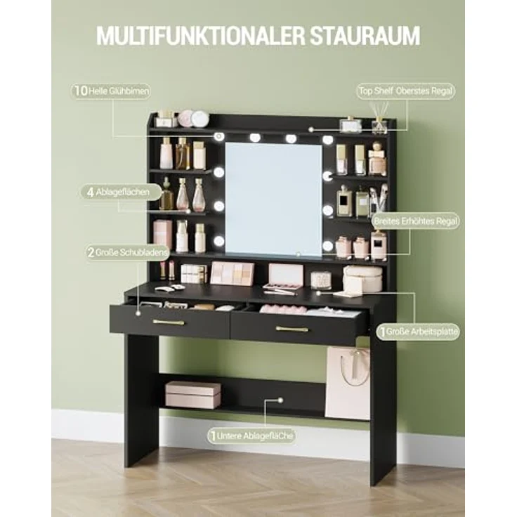 Schminktisch mit Spiegel, Schminktisch mit Ablageflächen und 2 Schubladen, für Schlafzimmer, Wohnzimmer, Verstellbare Helligkeit, 40 x 100 x 149 cm, Schwarz – Bild 2