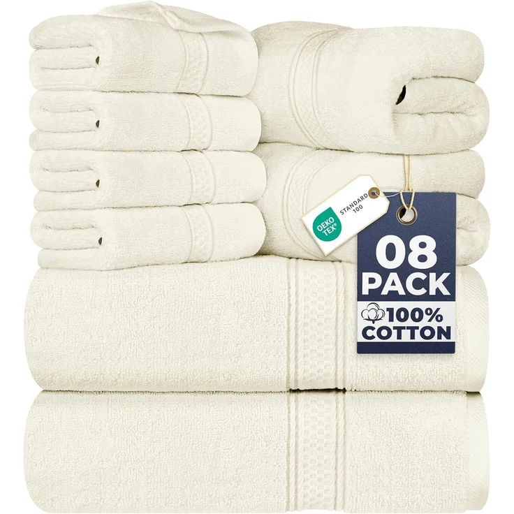 Utopia Towels 8-teiliges Premium-Handtuch-Set, 2 Badetücher, 2 Handtücher und 4 Waschlappen, 600 g/m², 100% ringgesponnene Baumwolle, Fitnessstudio, Hotel und Spa (Elfenbein)