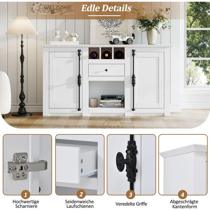 Sideboard 130 cm Weiß mit 2 Türen, 1 Schublade, Weinregal, Kommode für Wohnzimmer, Anrichte mit Stauraum und Präsentationsfläche – Bild 7