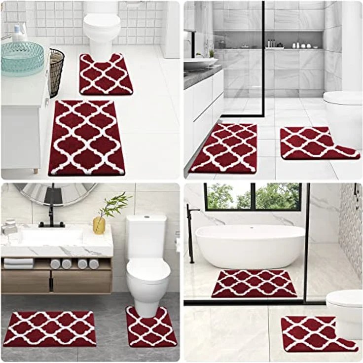 OLANLY Badezimmerteppich-Set, 2-teilig, Mikrofaser, Badematte und U-förmiger Toilettenvorleger, maschinenwaschbar, rutschfest, Dusche und Badezimmer (50.8 x 81.3 cm + 50.8 x 61 cm, Burgunderrot) – Bild 7
