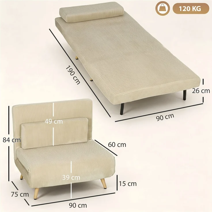MELAYR, Schlafsessel 3 in 1 Schlafsofa mit Bettfunktion, 90x190cm Beige – Bild 3