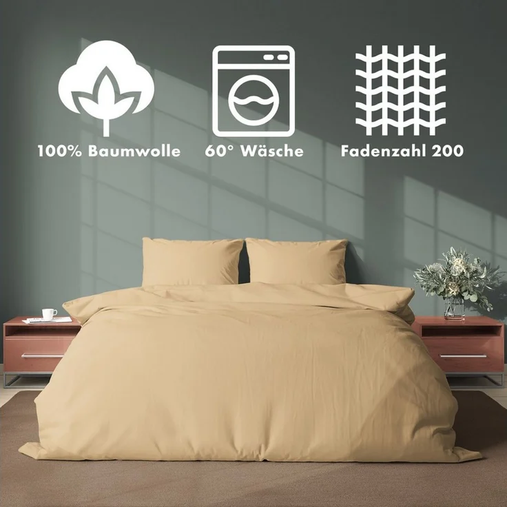 JACOBSON Bettwäsche 200x220 Set - 100% Baumwolle Bettbezug 200x220 cm + 2 Kissenbezüge 80x80 cm, Perkal Bettwäsche 3-teilig mit Reißverschluss (200x220cm, Beige, 3-teilig) – Bild 3
