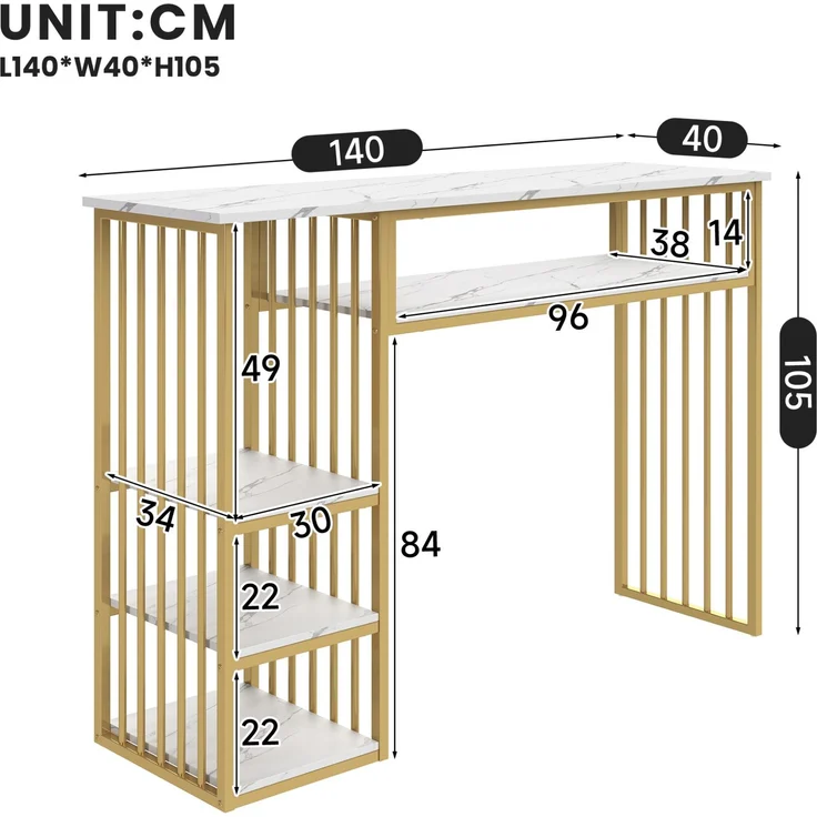 Bartisch mit Ablageflächen, MDF in Marmoroptik, 140x40x105 cm, Weiß/Gold – Bild 3