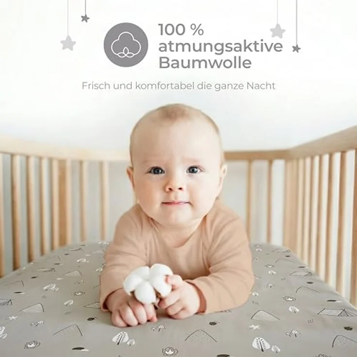 Dreamzie 2er Set Spannbettlaken 40x90 cm Beistellbett - Baumwolle Oeko-Tex - Bettlaken für Stubenwagen & Babybett klein - Woodland Weiß/Grau – Bild 4