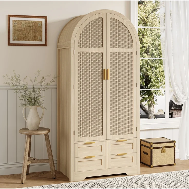 DESVIAE Garderobenschrank Eiche aus MDF – 80x180x50 cm – Rattantüren, Schubladen – Bild 2