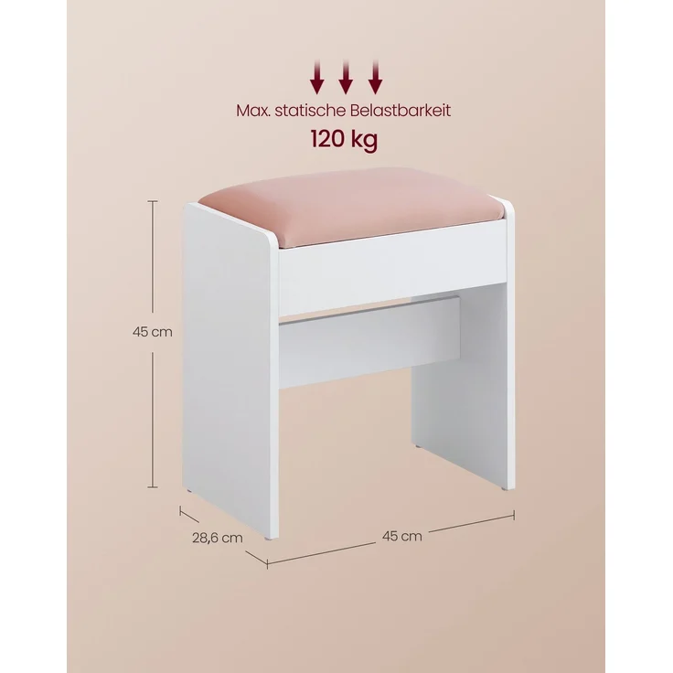 VASAGLE Hocker Schminktisch, Sitzhocker gepolstert, Makeup-Hocker aus Samt, mit rutschfesten Fußpads, für Ankleidezimmer, Schlafzimmer, Eingangsbereich, mattweiß-pastellrosa RDS001W01 – Bild 4