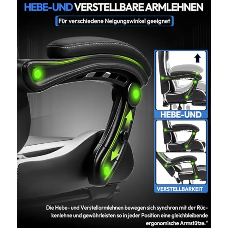 Dowinx Gaming Stuhl Bürostuhl Massage Gaming Sessel mit höhenverstellbaren Linkage-Armlehnen, ergonomischer Gamer Stuhl mit Fußstütze, gepolstert Gaming Chair 150° neigbar bis 180 kg, Weiß – Bild 7