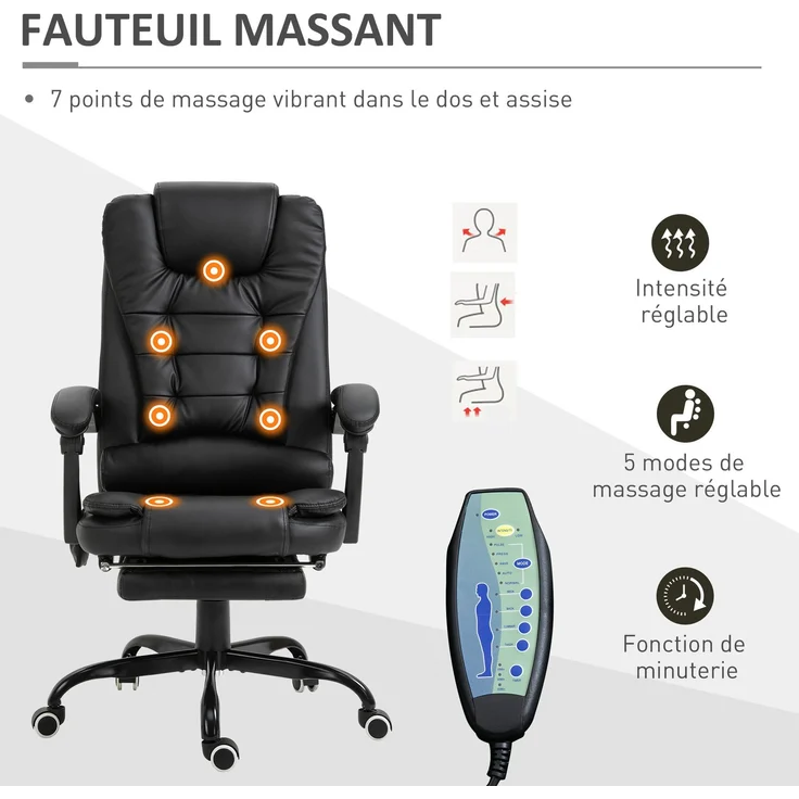 Massage-Bürosessel, Bürostuhl, ergonomischer Stuhl mit Höhenverstellung, neigbarer Rückenlehne und kabelgebundener Fernbedienung, ausziehbarer und um 360° drehbarer Fußstütze, schwarz – Bild 6