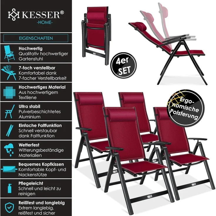 KESSER® Gartenstuhl Hochlehner mit Armlehnen | Aluminium Klappstuhl inkl. Kopfkissen Campingstuhl 7-Fach Verstellbar Rückenlehne | Atmungsaktiv & Wetterfest | Klappbar & Anti-Rutsch 4 Stück, Bordeaux Rot – Bild 3