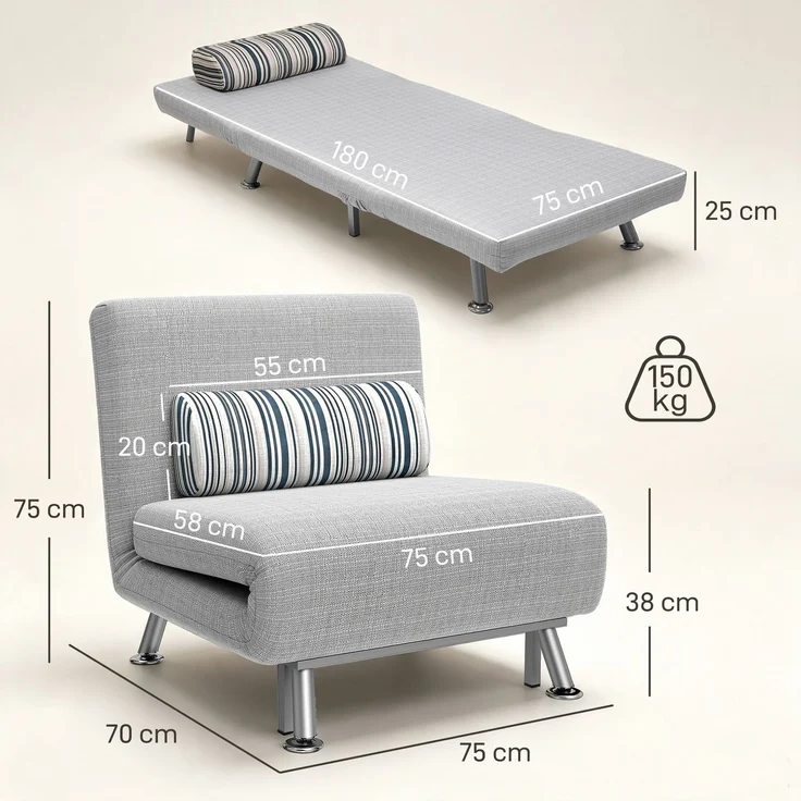 HOMCOM Schlafsessel, Leinenimitat(100% Polyester), Metall, Grau, 75L x 70B x 75H cm – Bild 3