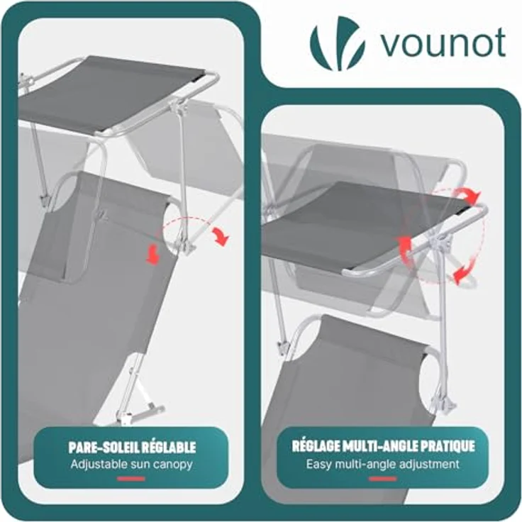 VOUNOT® Sonnenliege Klappbar, Gartenliege mit Dach und 4-Fach Verstellbarer Rückenlehne, Leichte Strandliege für Garten, Terrasse, Camping, Pool & Strand, Grau – Bild 5