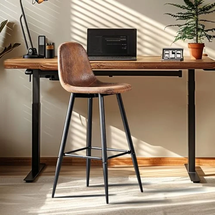 MEUBLE COSY Barhocker 2er Set Barstuhl Vintage mit Lehne und Fußstütze Sitzhöhe 76 cm aus Wildleder Metallbeine für Bar Bistro Café Küche, Kunstleder, Industrie-Design, Braun – Bild 6