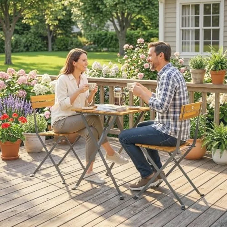 Outsunny Balkonset Esstisch mit 2 klappbare Stühle, Bistroset mit Stahlgestell, (Sitzgruppe, 3-tlg, Essgruppe), für Terrasse, Balkon Teak – Bild 6
