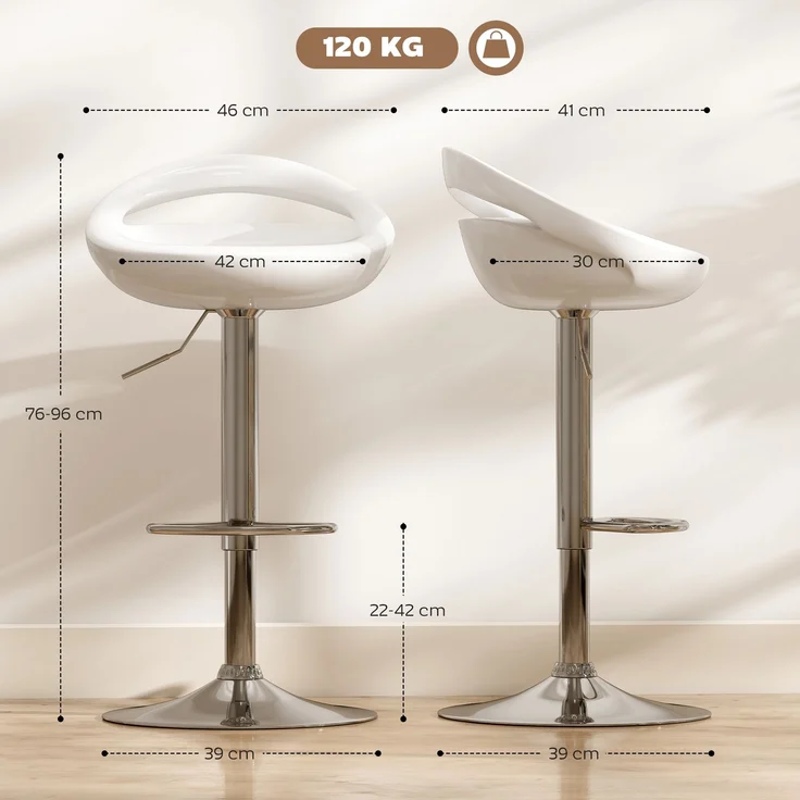 2er-Set Barhocker, höhenverstellbar, mit Rückenlehne und Fußstütze, um 360° drehbar, 46 x 41 x 76–96 cm, weiß – Bild 5