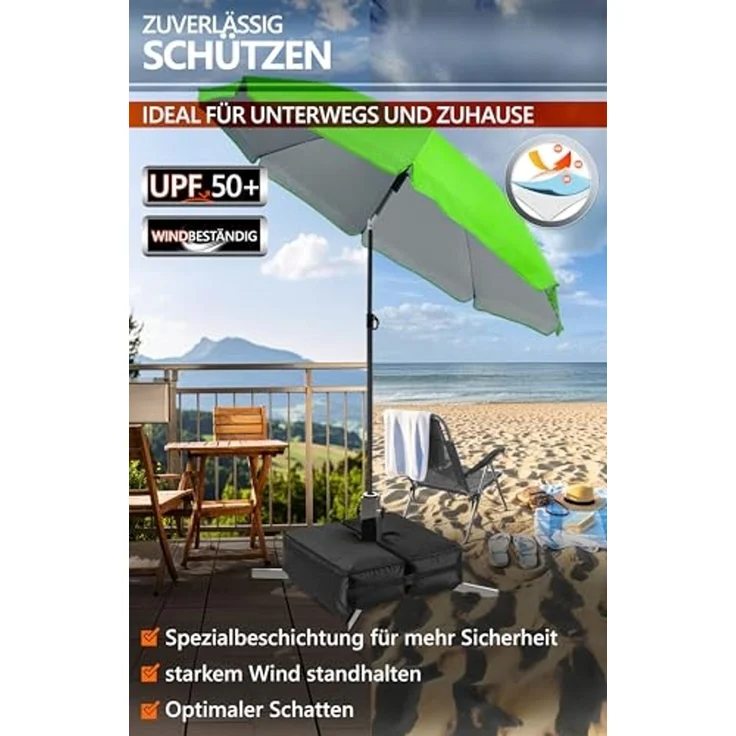4smile Sonnenschirm Strand SunnyJoy im 3er-Set - UPF 50+ Balkon Schirm 180 cm + Sonnenschirmständer befüllbar + Sonnenschirmhülle - Sonnenschutz Balkon, Gartenschirm, Grün – Bild 3