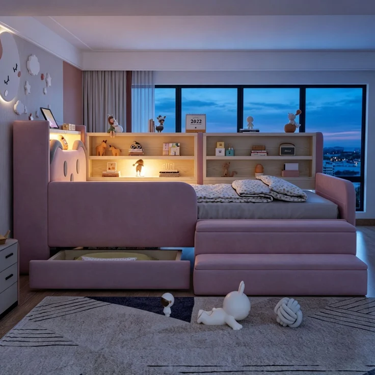 ZUBALIYA Polsterbett, mit Schubladen, mit Stauraum, mit LED-Beleuchtung, mit USB-Anschluss, inklusive Lattenrost, Liegefläche 90 × 200 cm, H 85 × T 218 × B 108.5 cm, Rosa, Samt – Bild 4