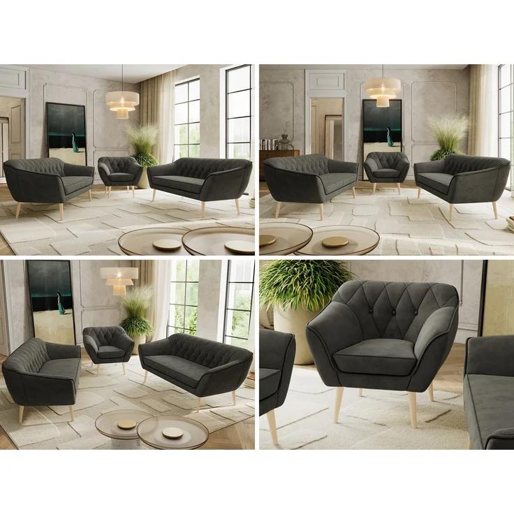 Wohnzimmerset, Möbelset PIRS 3-3-1, Armlehnen, Wellenfederung, Buche Füße, Dreisitzer Sofas mit Sessel, Polstermöbel Set - Dunkelgrau Velvet – Bild 2
