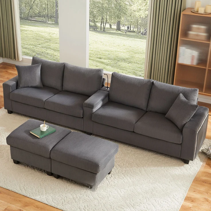 U-förmiges Sofa 334x128,5x81 cm in Grau, Cord, mit USB/Type-C, Leselampe, Stauraum und LED-Armlehnen – Bild 3