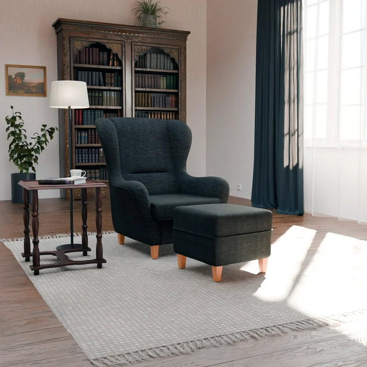 Supellex Sofia Ohrensessel mit Hocker | Design Webstoff Grau – Bild 2