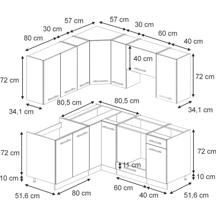 Eckküche Fame-Line GrauBeige/Weiß 190 x 46 cm ohne Arbeitsplatte Vicco