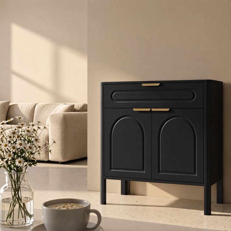 Sideboard 75 x 36 x 78,5 cm aus Holzwerkstoff, schwarz, mit Bogendesign und Stauraum – Bild 4