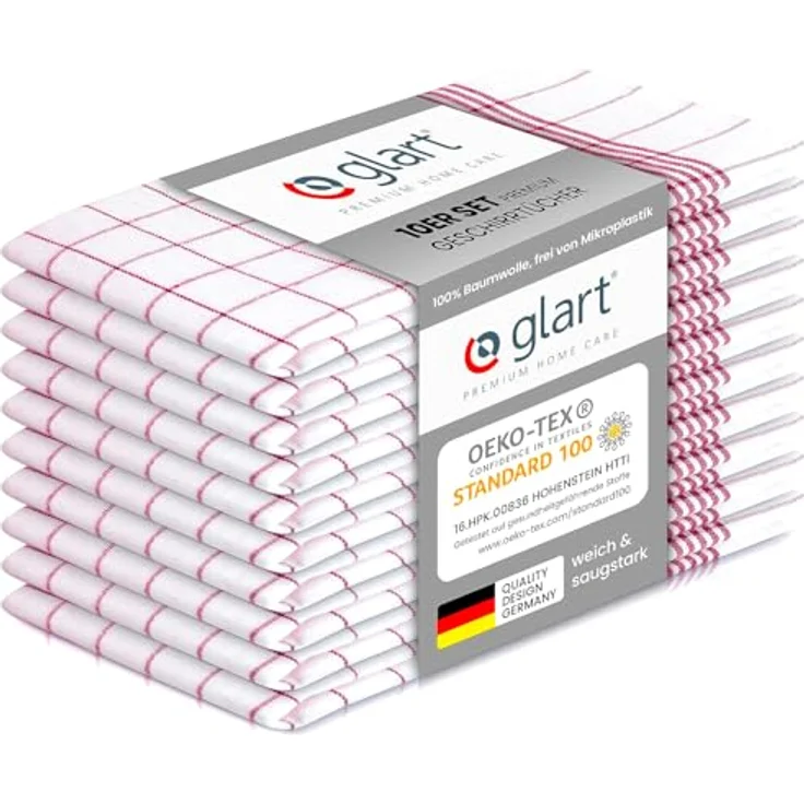 Glart 48KR1 Geschirrtücher 10er Set 50x70 cm rot kariert – 100% Baumwolle, Oeko-TEX Zertifiziert, vorgewaschen, saugstark, waschbar, langlebig, mit Aufhänger, für Haushalt, Küche, Gastronomie, Büro – Bild 1