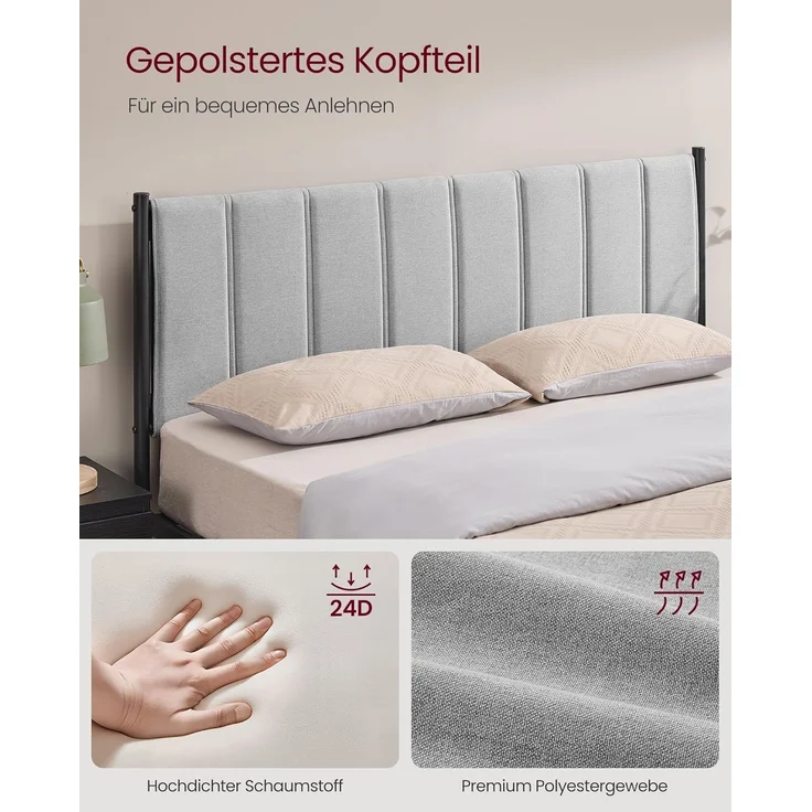 VASAGLE Doppelbett, 160x200 cm, mit gepolstertem Kopfteil, Bettrahmen, Stahl-Latten, trägt bis zu 500 kg, Stahl/Textil Taubengrau – Bild 4