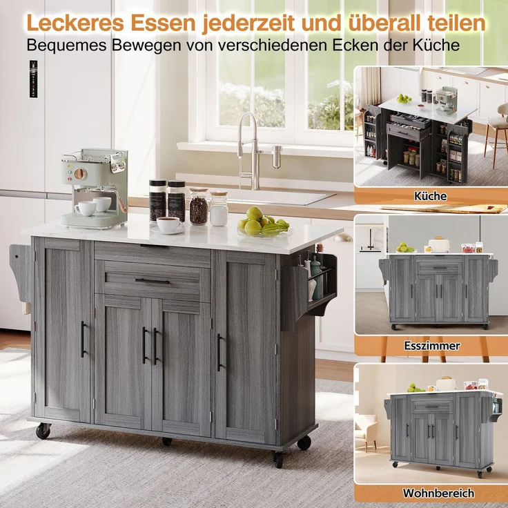 120×45cm,mobile Kücheninsel,Küchenwagen,ausziehbare Arbeitsplatte bis 70cm,verdeckte Besteckschublade,verstellbare Einlegeböden,Gewürzregal und Handtuchhalter,geeignet für Küche,Esszimmer oder Wohnzim – Bild 2