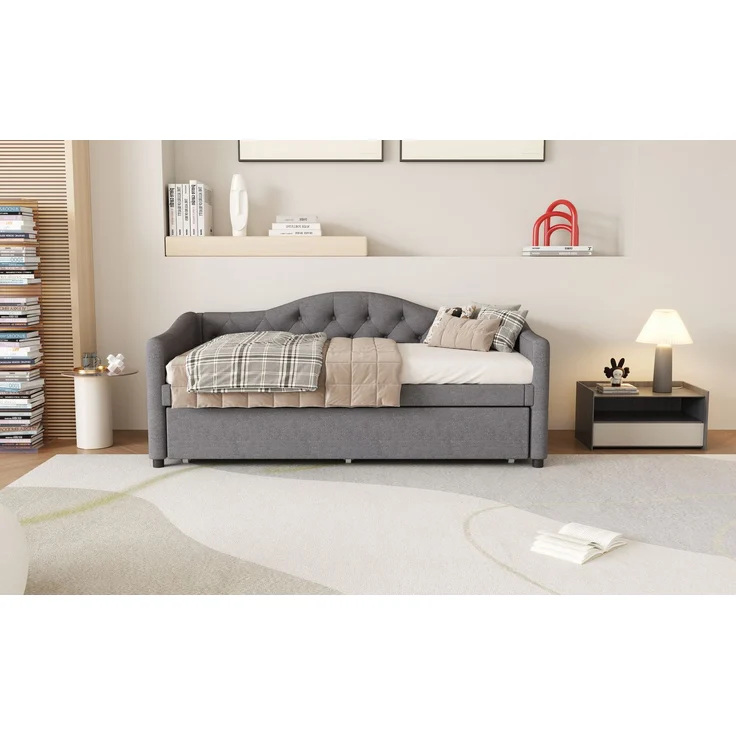 Wohnora-Daybettt, 90x200cm Tagesbett mit ausziehbarem Bett,Schlafsofa, Einzelbett(Ohne Matratze), Leinen, minimalistisches Styling, Grau,Grau – Bild 5