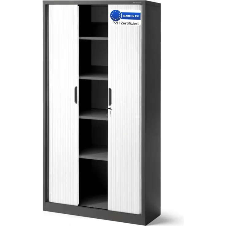 Aktenschrank abschließbar KETI - Rolladentüren, 5 Ebenen | Büroschrank aus Stahl Metallschrank Werkstatt Mehrzweckschrank Werkzeugschrank, 185x90x45cm Anthrazit-Weiß